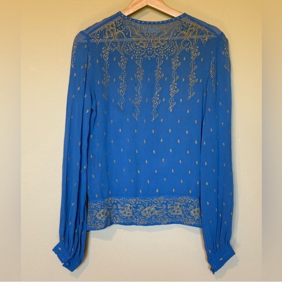 ISABEL MARANT ÉTOILE Sheer Silk Printed Button Up Top Blue Gold Size Small - Picture 3 of 11